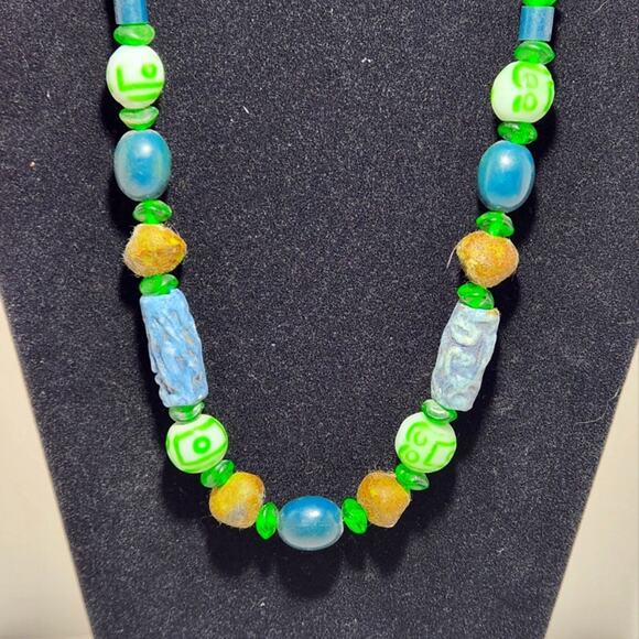Tibetan Ceramic Green and Blue Glass & Terracotta Clay Beaded Necklace - Picture 2 of 8